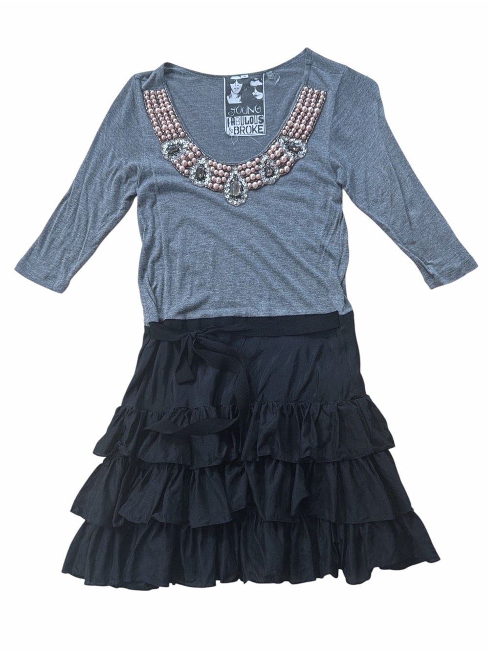 Young Fabulous & Broke Camo Grey Top with Black Tiered Ruffle Skirt